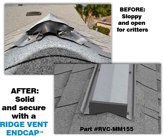 befor and after view of Ridge vent endcaps for roof rats and bats in the attic